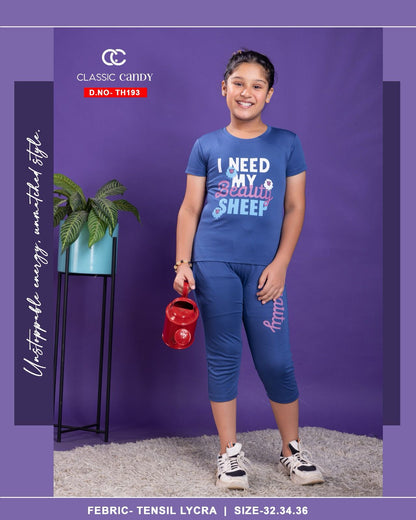 Plain Th 193 Classic Candy Tencil Lycra Girls Capri Night Suits Wholesale Price