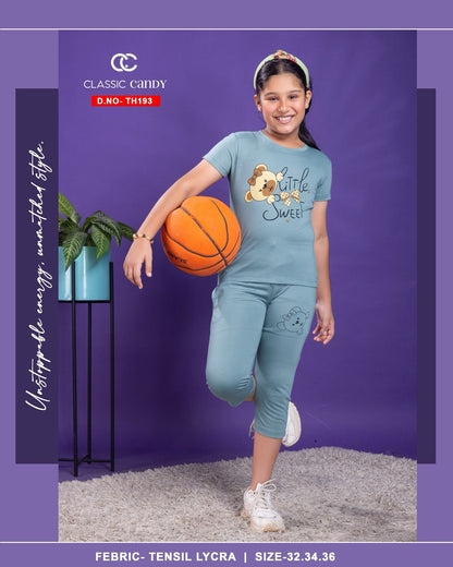 Plain Th 193 Classic Candy Tencil Lycra Girls Capri Night Suits Wholesale Price