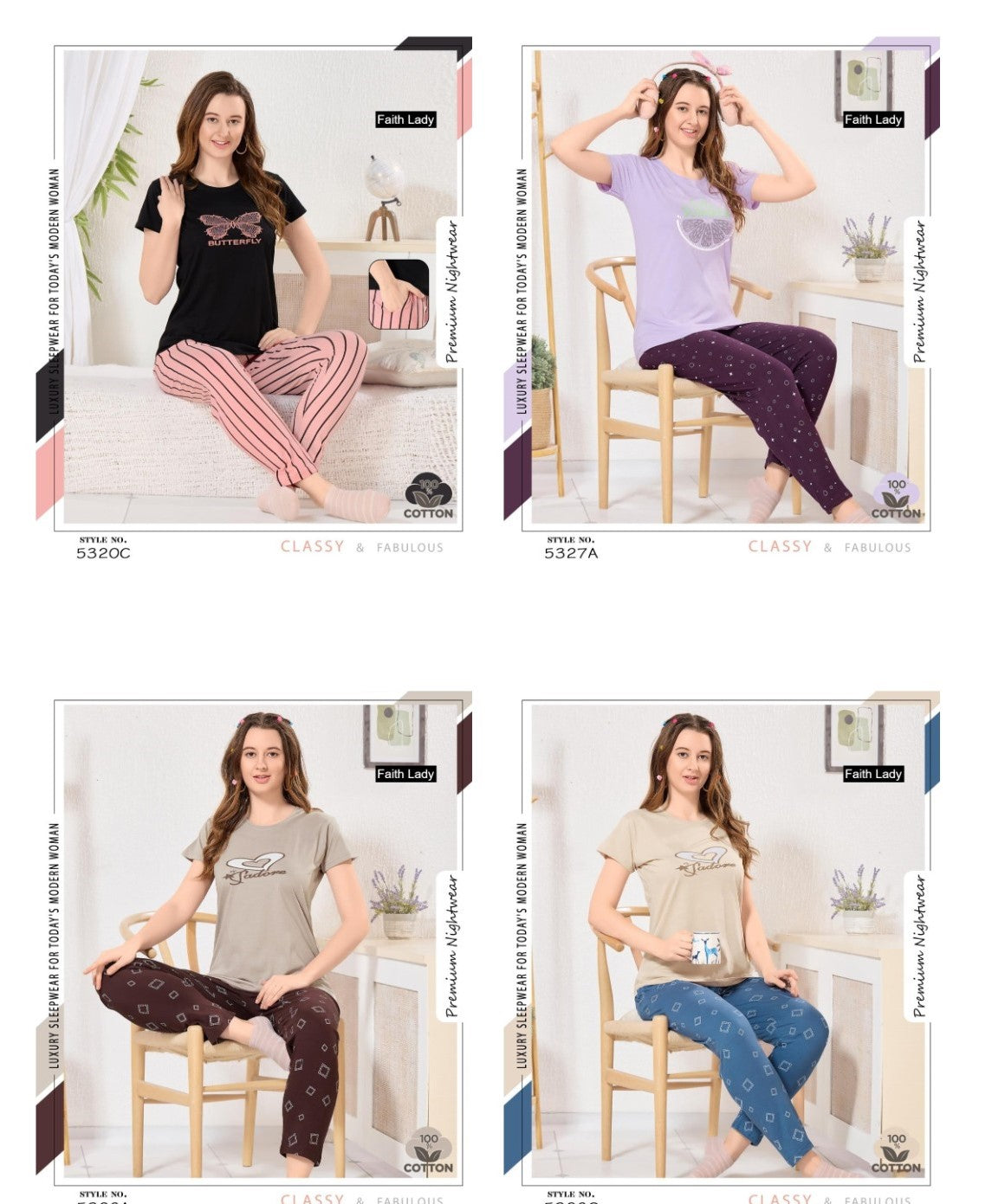 Plain To Print Faith Lady Hosiery Cotton Pyjama Night Suits Exporter