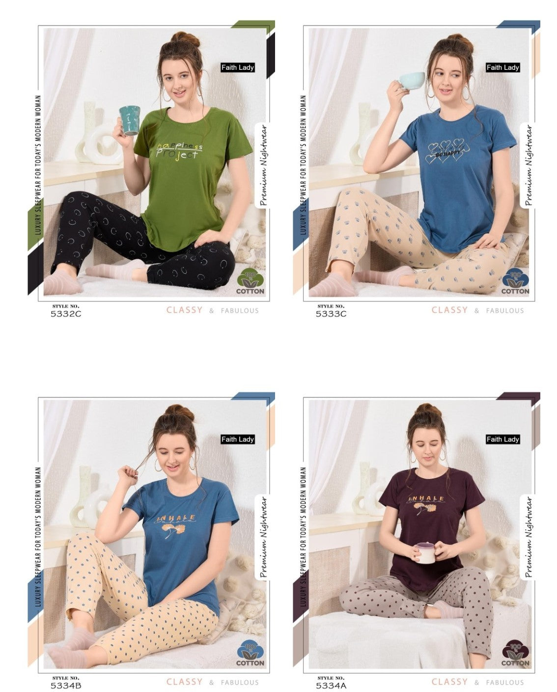 Plain To Print Faith Lady Hosiery Cotton Pyjama Night Suits Exporter