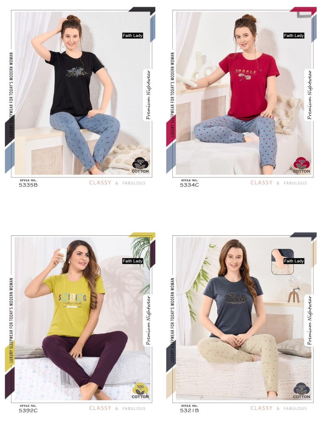 Plain To Print Faith Lady Hosiery Cotton Pyjama Night Suits Exporter