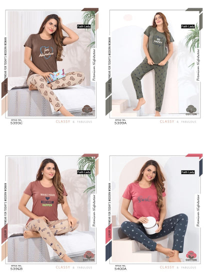 Plain To Print Faith Lady Hosiery Cotton Pyjama Night Suits Exporter