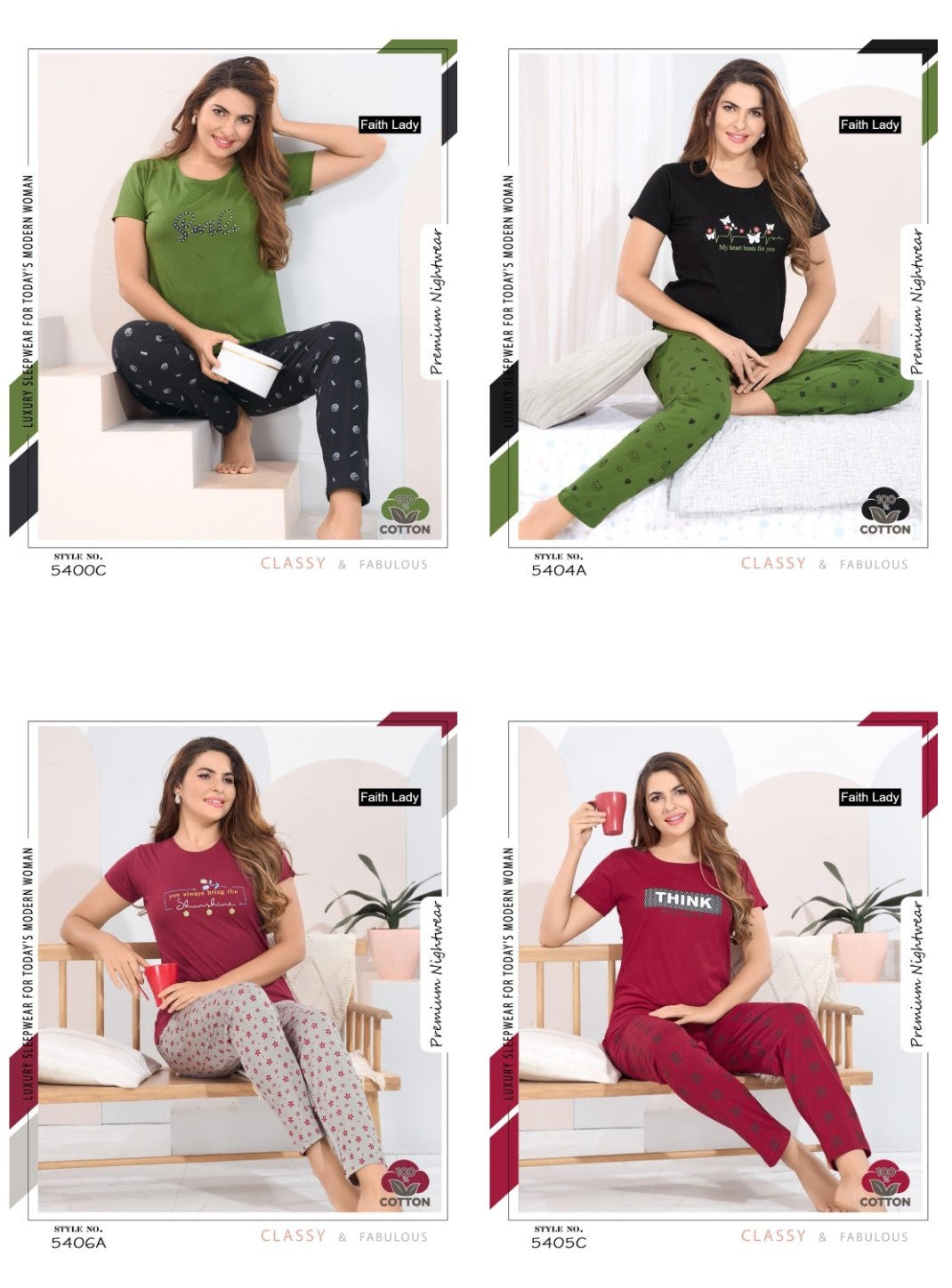 Plain To Print Faith Lady Hosiery Cotton Pyjama Night Suits Exporter