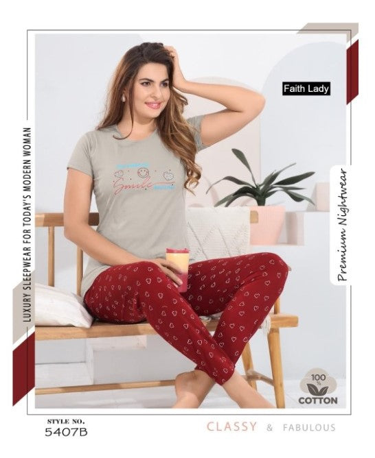 Plain To Print Faith Lady Hosiery Cotton Pyjama Night Suits Exporter