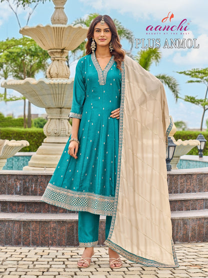 Plus Anmol Aanchi Vichitra Silk Readymade Anarkali Suits Wholesale Rate