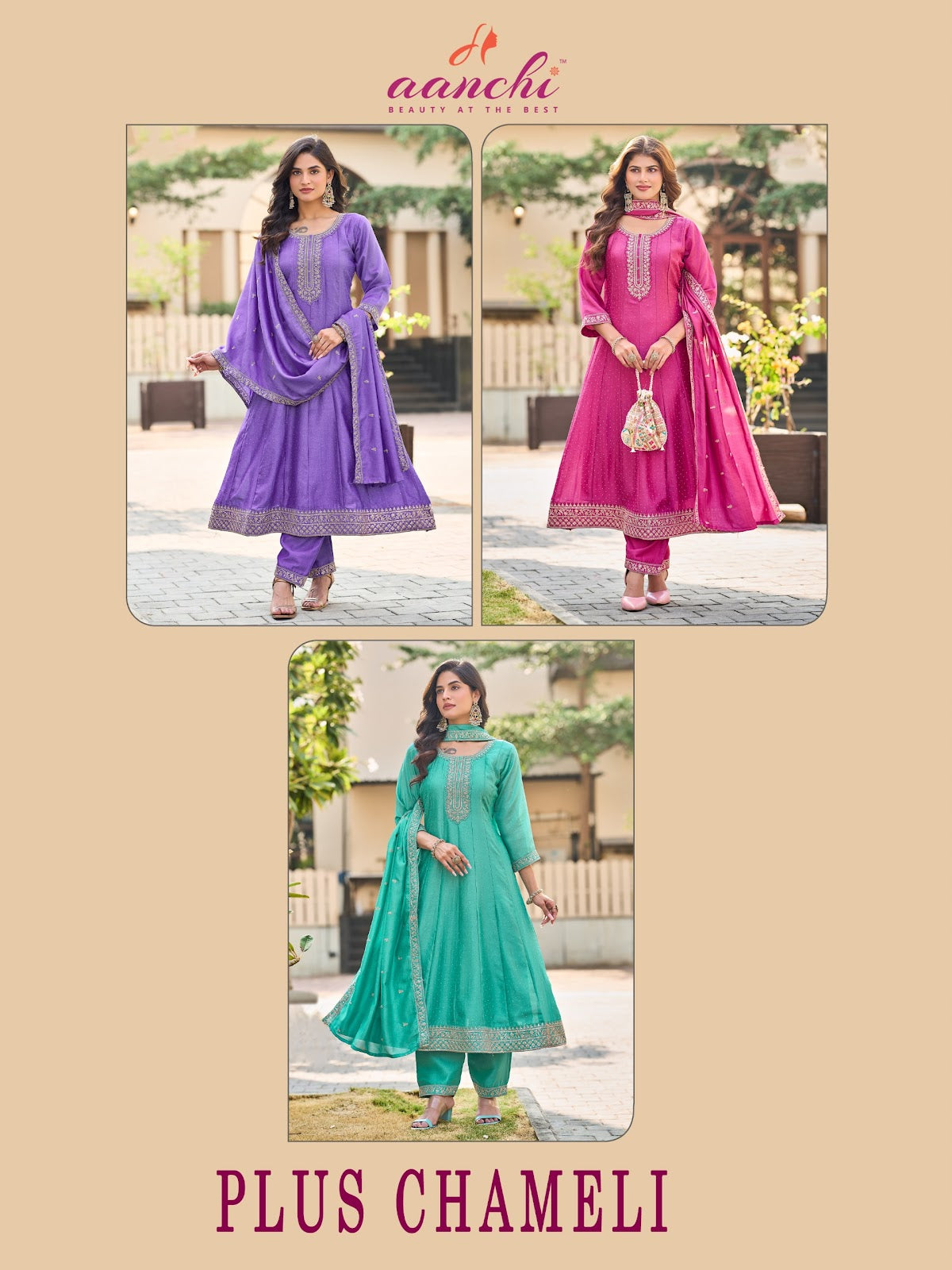 Plus Chameli Aanchi Vichitra Silk Readymade Anarkali Suits Supplier India