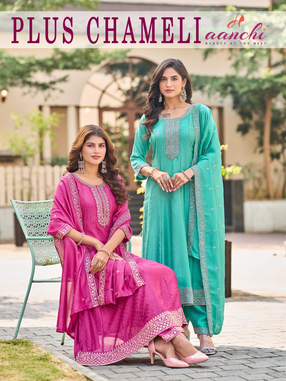 Plus Chameli Aanchi Vichitra Silk Readymade Anarkali Suits Supplier India