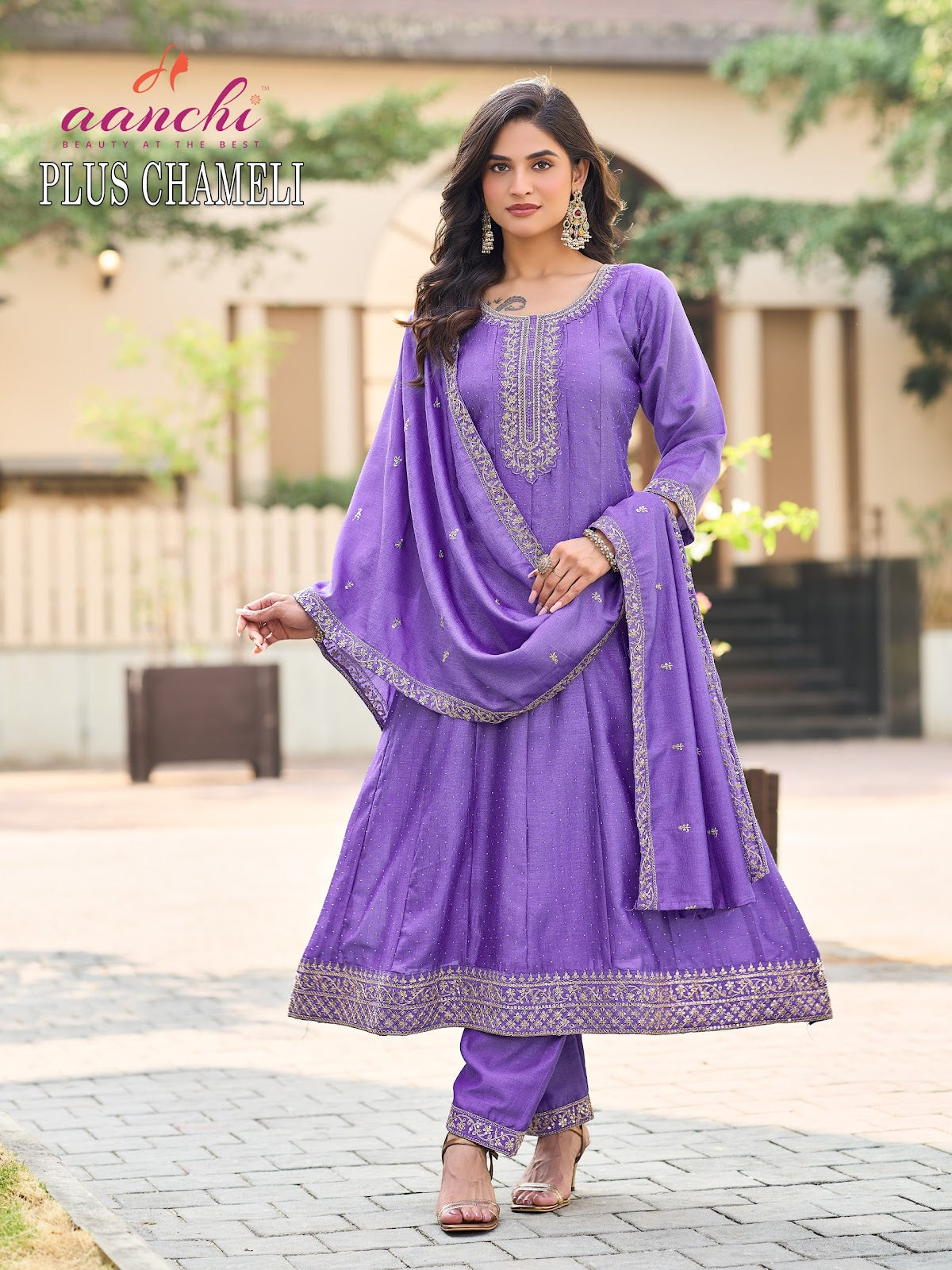 Plus Chameli Aanchi Vichitra Silk Readymade Anarkali Suits Supplier India