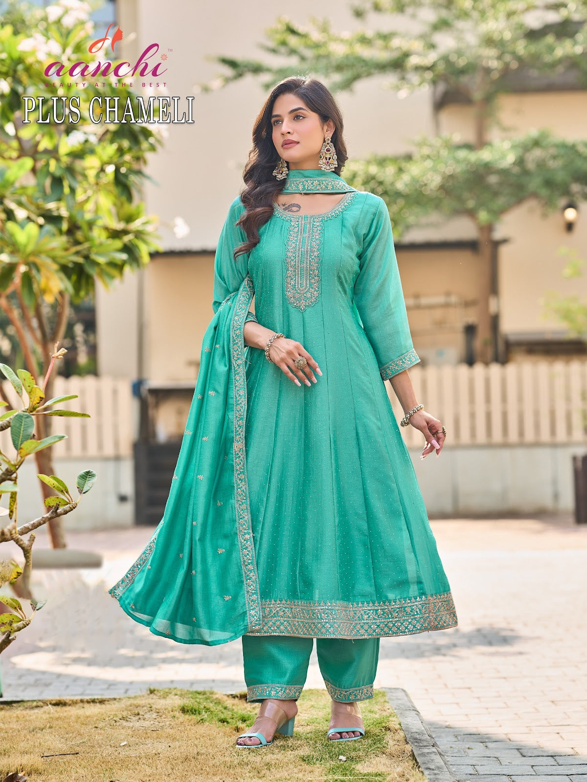 Plus Chameli Aanchi Vichitra Silk Readymade Anarkali Suits Supplier India