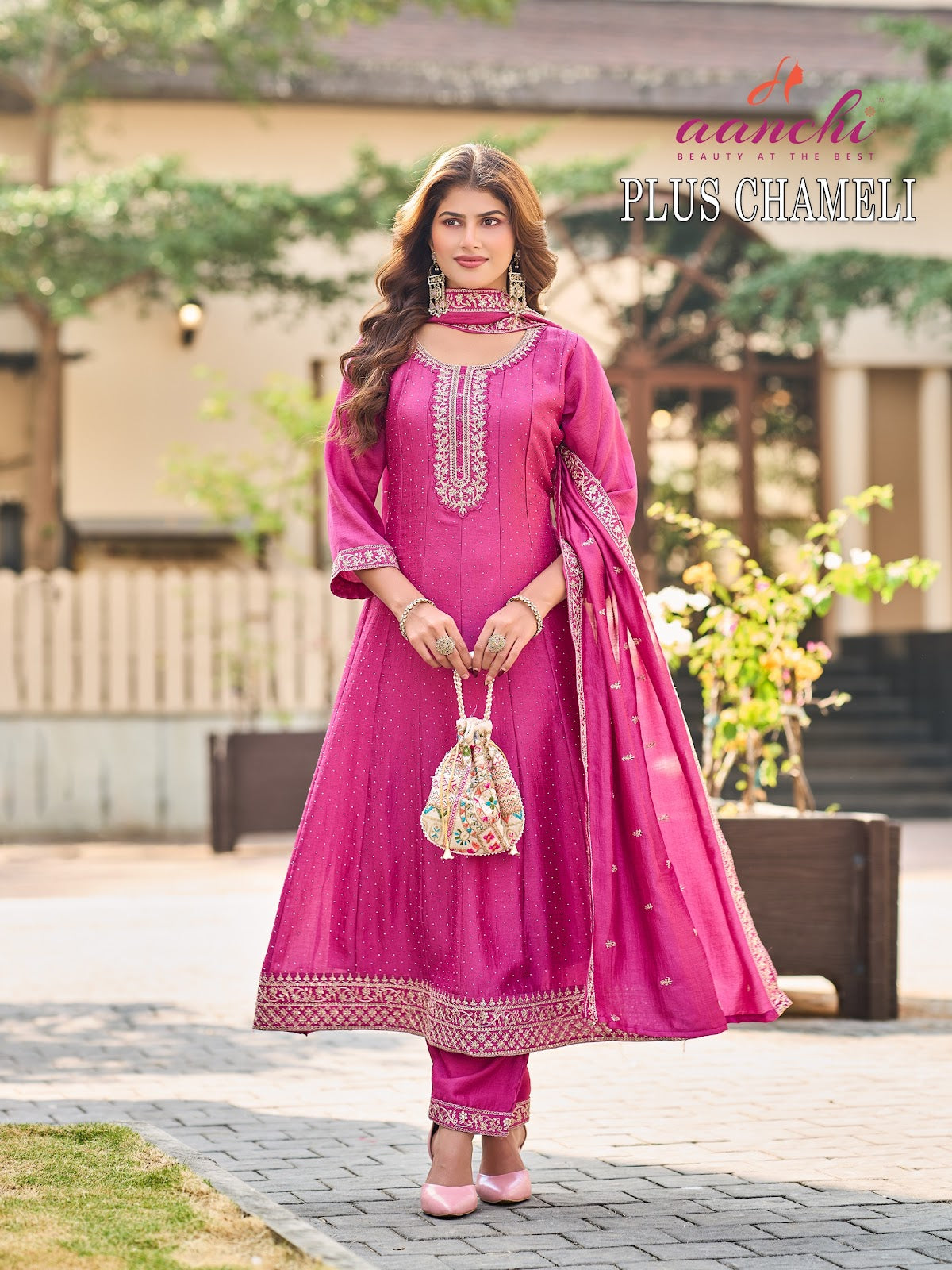 Plus Chameli Aanchi Vichitra Silk Readymade Anarkali Suits Supplier India