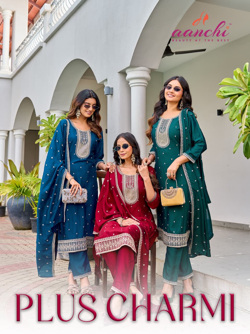 Plus Charmi Aanchi Vichitra Silk Readymade Pant Style Suits Supplier