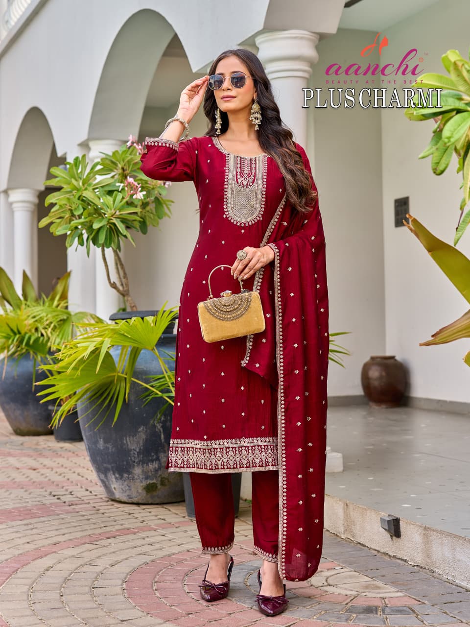 Plus Charmi Aanchi Vichitra Silk Readymade Pant Style Suits Supplier