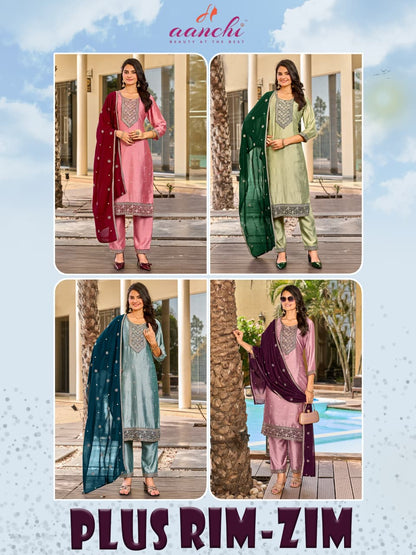 Plus Rim Zim Aanchi Vichitra Silk Readymade Pant Style Suits Exporter Ahmedabad