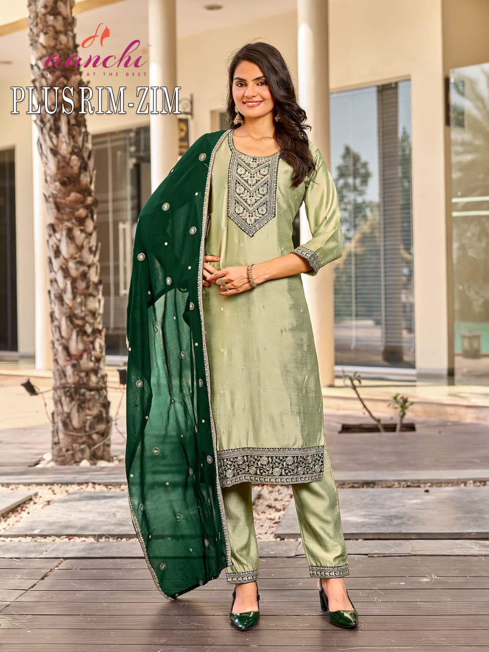 Plus Rim Zim Aanchi Vichitra Silk Readymade Pant Style Suits Exporter Ahmedabad