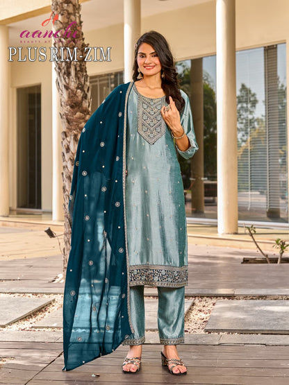 Plus Rim Zim Aanchi Vichitra Silk Readymade Pant Style Suits Exporter Ahmedabad