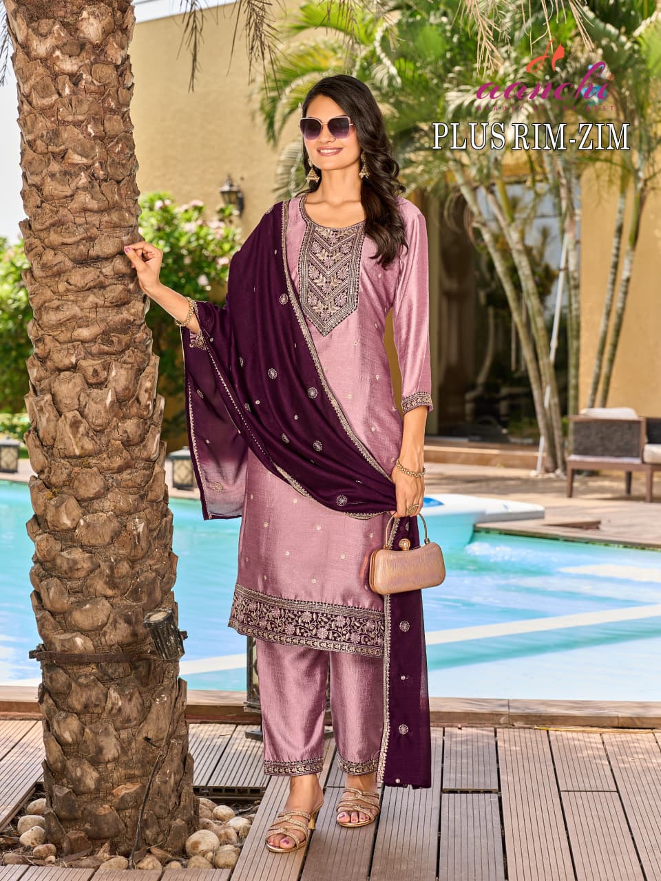 Plus Rim Zim Aanchi Vichitra Silk Readymade Pant Style Suits Exporter Ahmedabad