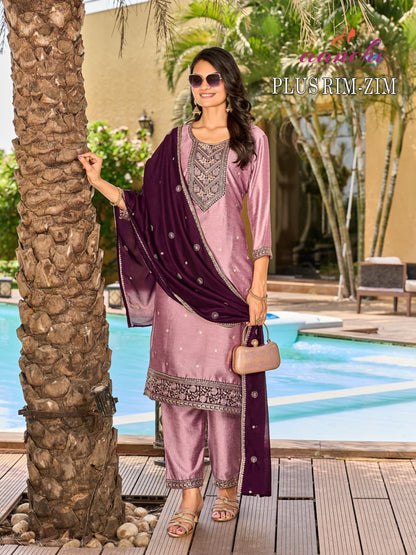 Plus Rim Zim Aanchi Vichitra Silk Readymade Pant Style Suits Exporter Ahmedabad