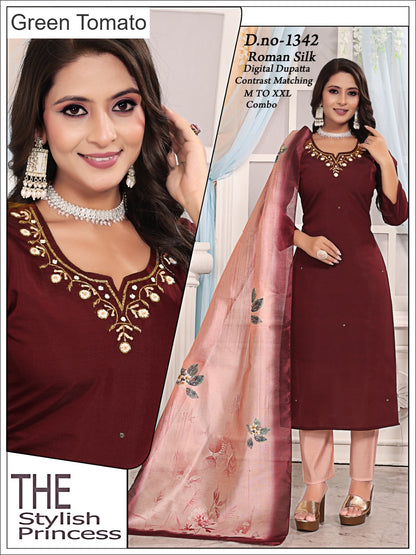 Plus Size 060925 Green Tomato Roman Silk Readymade Pant Style Suits Wholesale