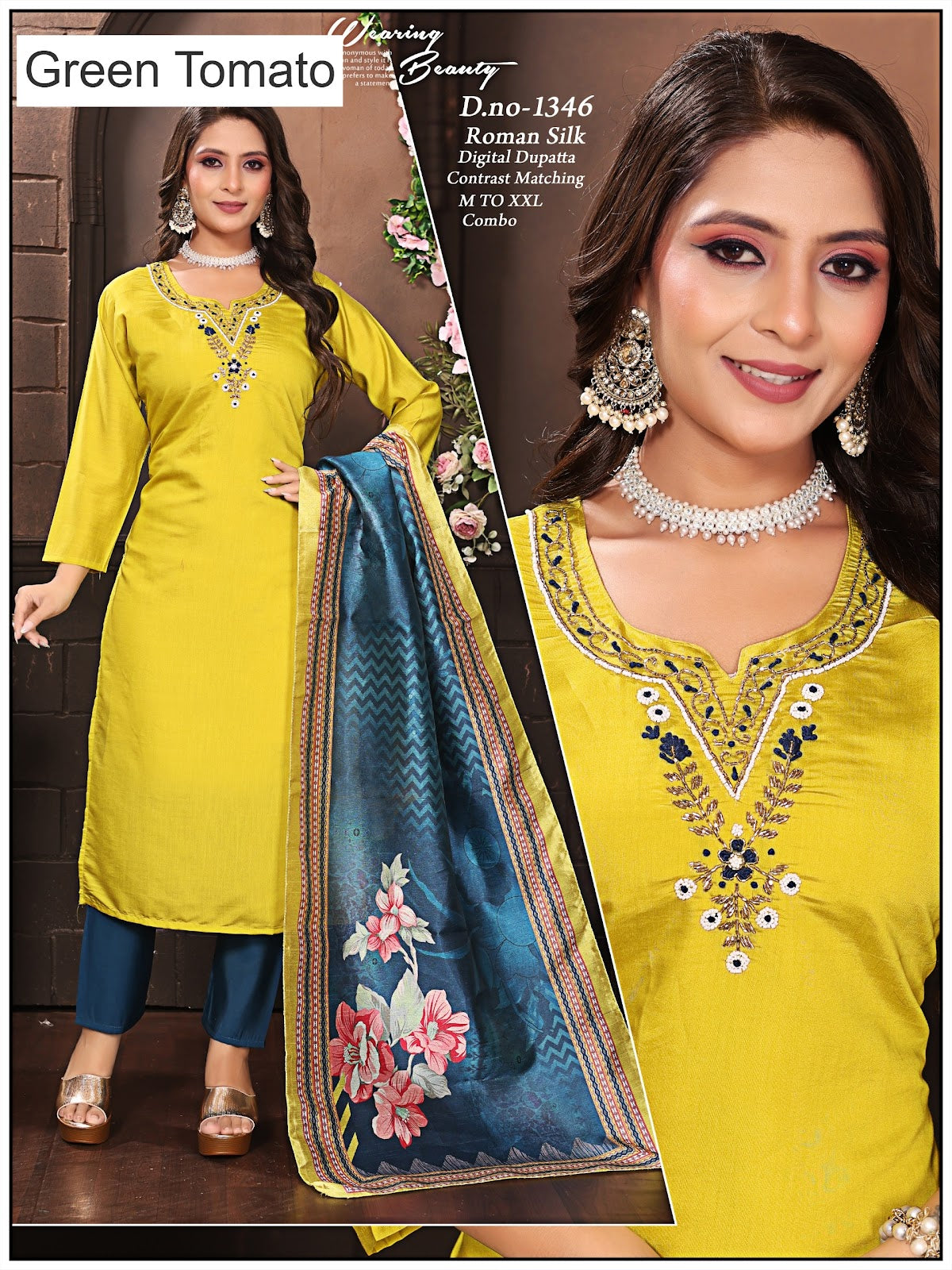 Plus Size 060925 Green Tomato Roman Silk Readymade Pant Style Suits Wholesale