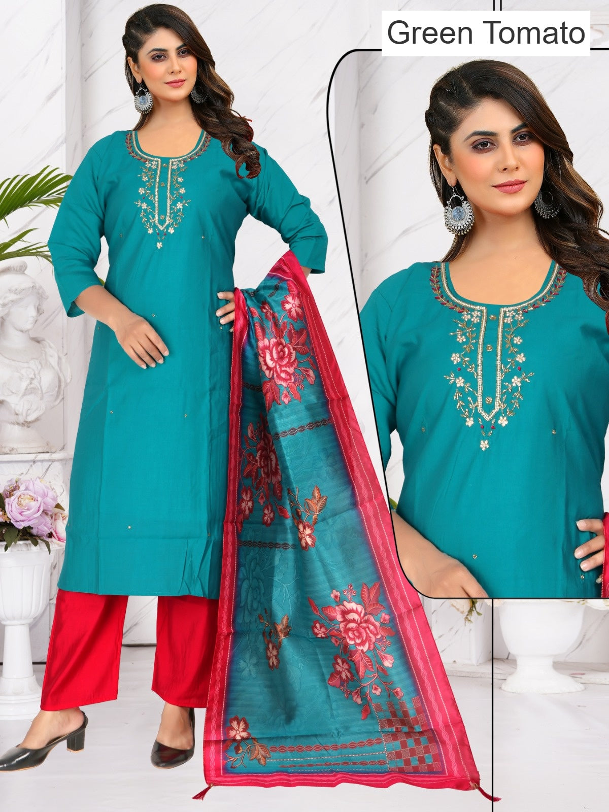 Plus Size 060925 Green Tomato Roman Silk Readymade Pant Style Suits Wholesale