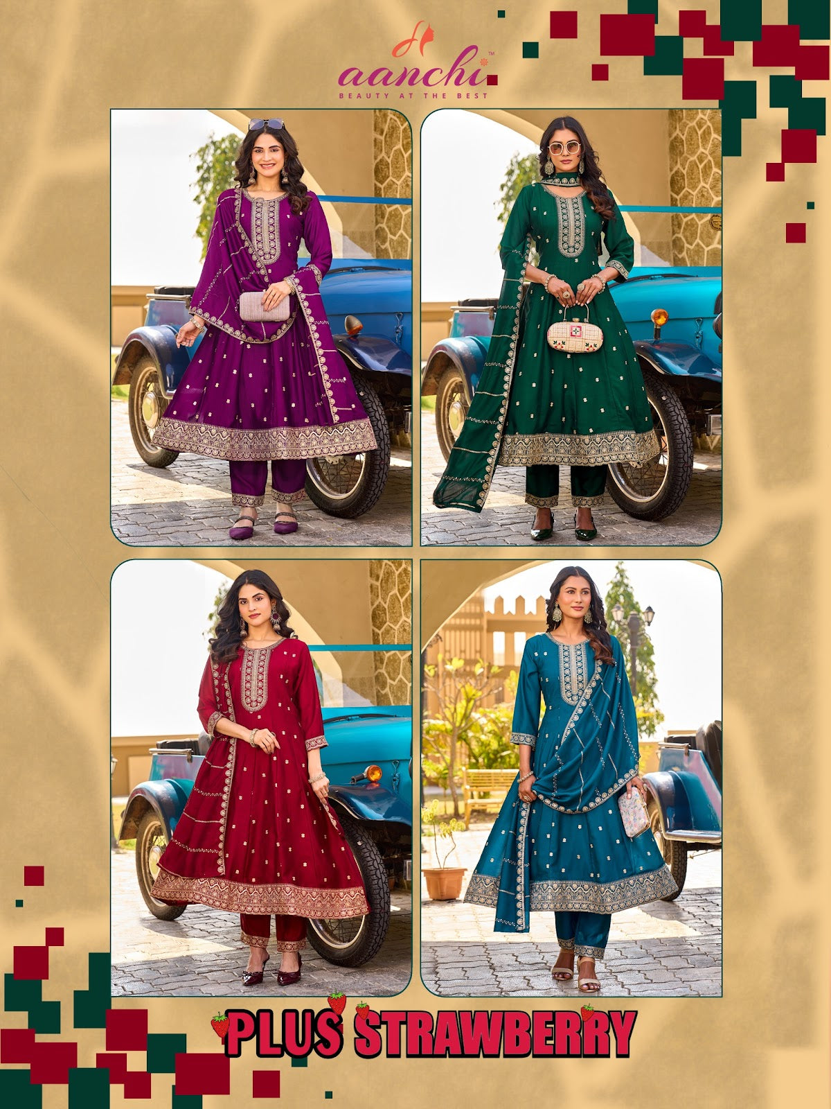 Plus Strawberry Aanchi Vichitra Silk Readymade Anarkali Suits Exporter India