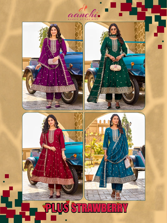 Plus Strawberry Aanchi Vichitra Silk Readymade Anarkali Suits Exporter India
