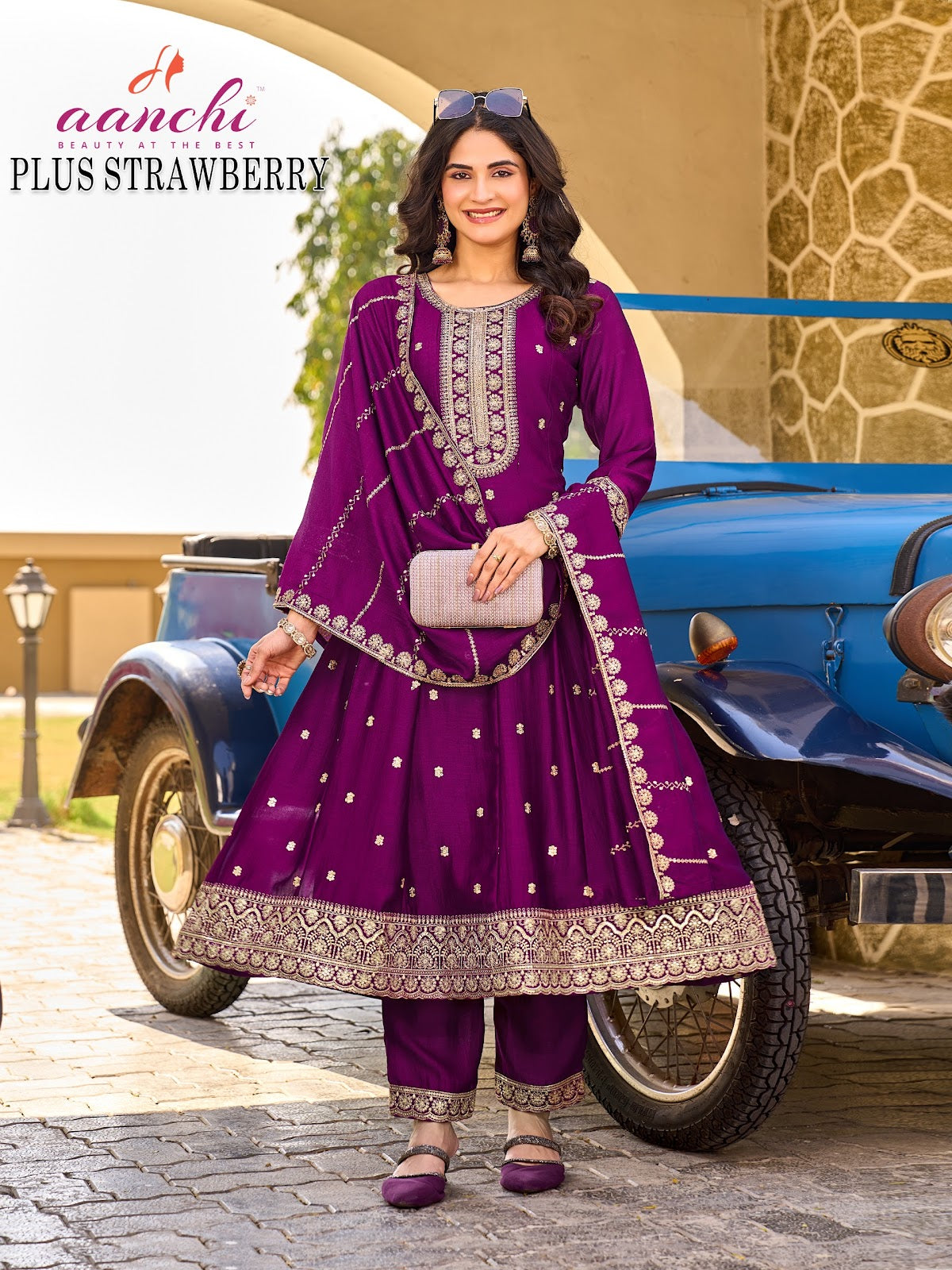 Plus Strawberry Aanchi Vichitra Silk Readymade Anarkali Suits Exporter India