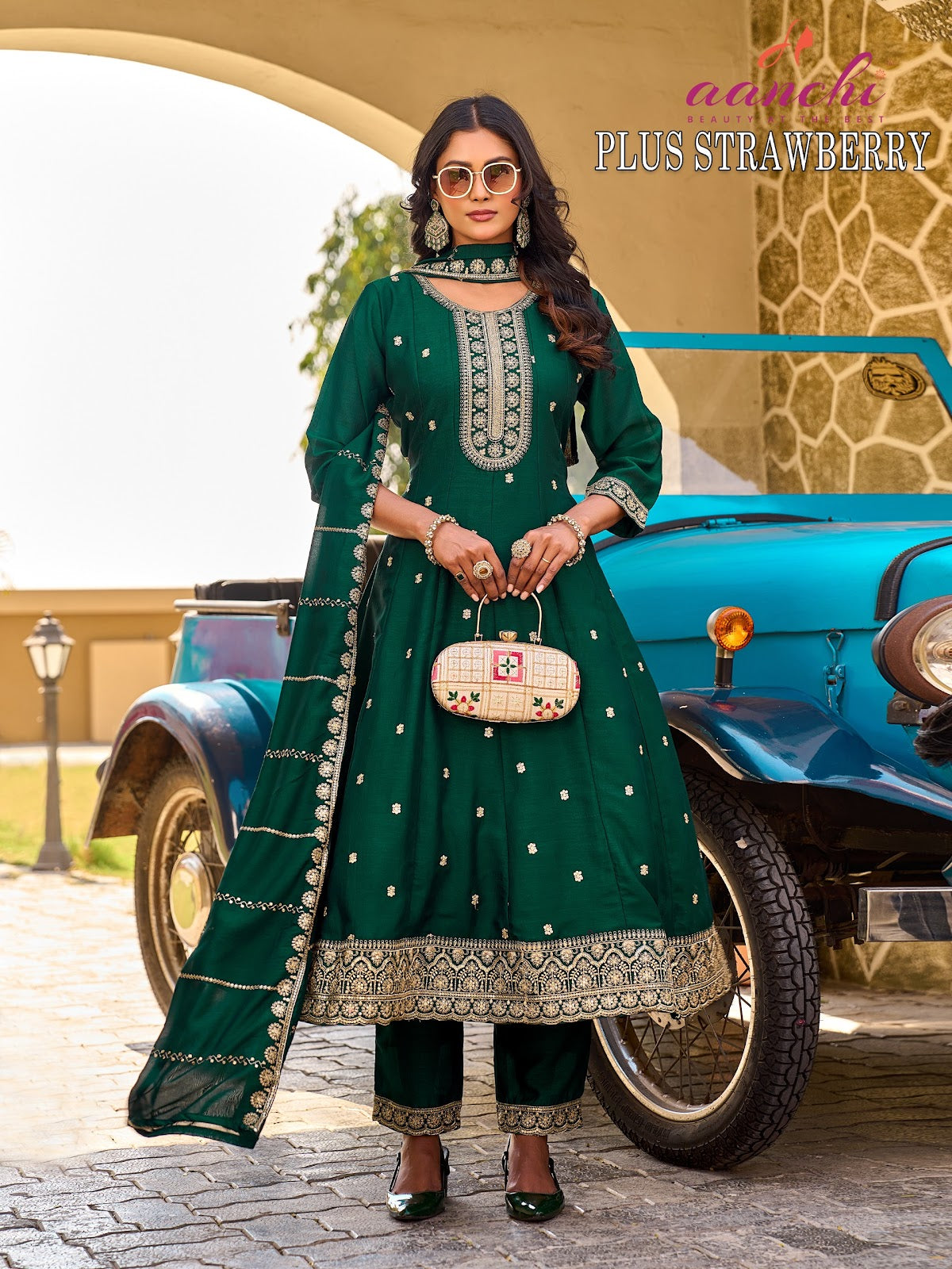 Plus Strawberry Aanchi Vichitra Silk Readymade Anarkali Suits Exporter India