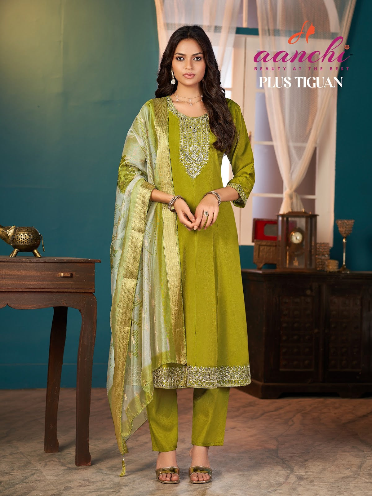 Plus Tiguan Aanchi Roman Simmer Readymade Anarkali Suits Wholesaler Gujarat