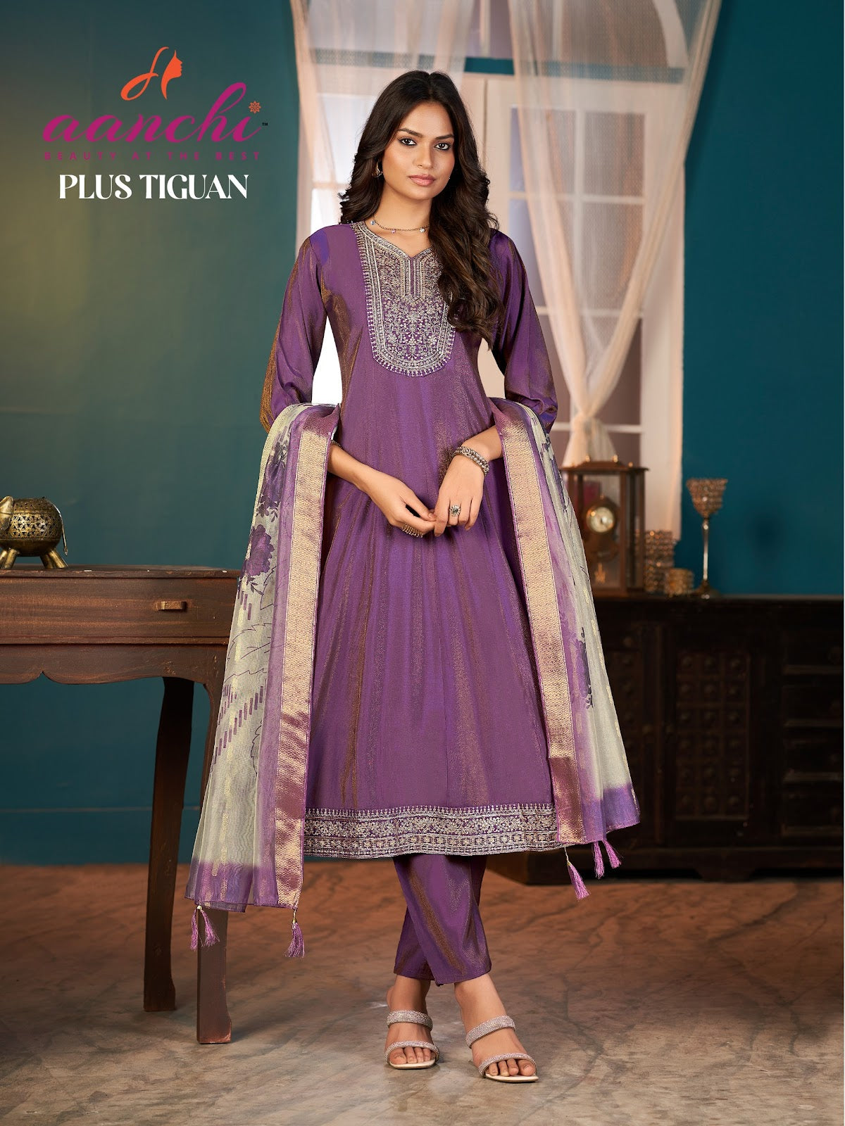 Plus Tiguan Aanchi Roman Simmer Readymade Anarkali Suits Wholesaler Gujarat