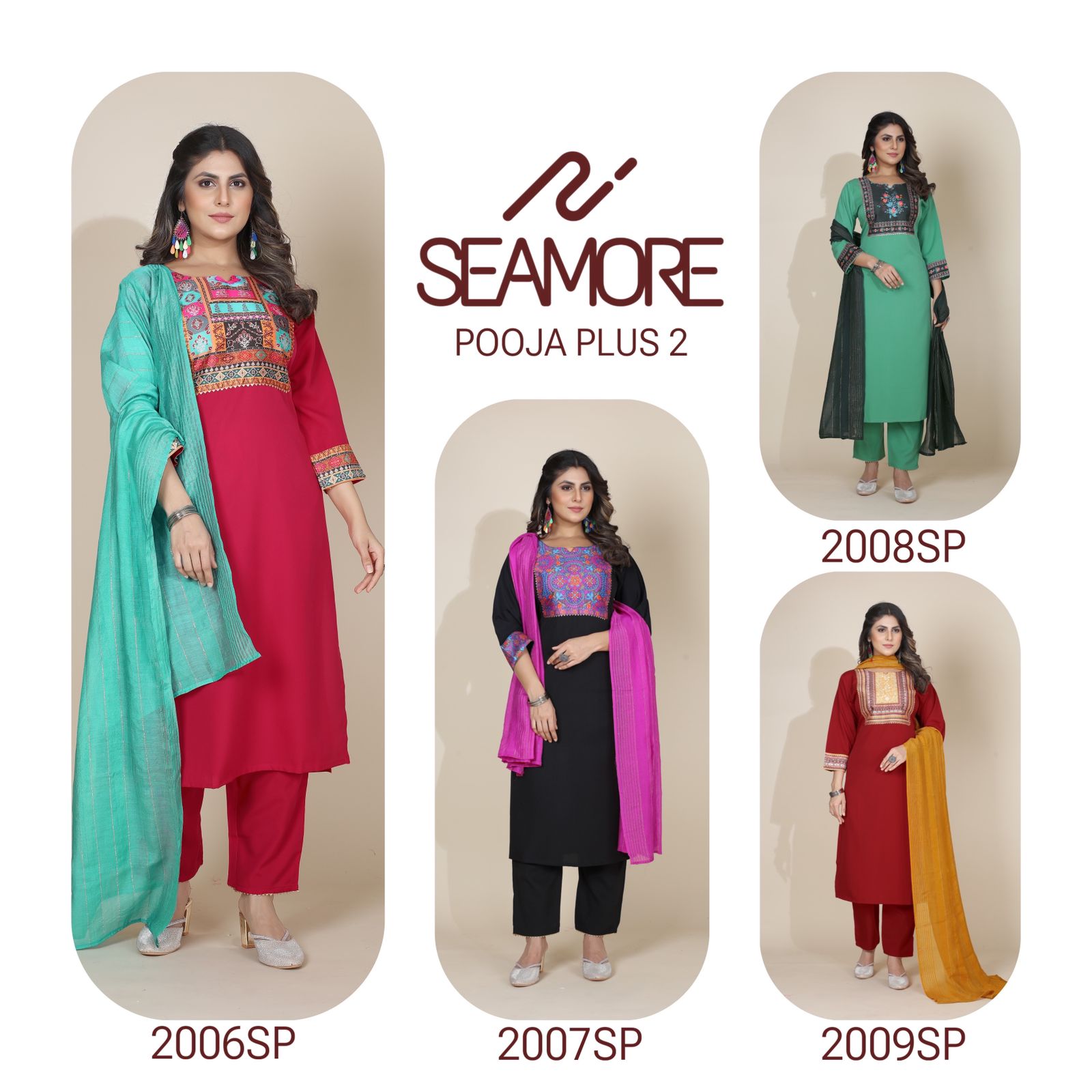 Pooja Plus Vol 2 New Seamore Crape Readymade Pant Style Suits Supplier India
