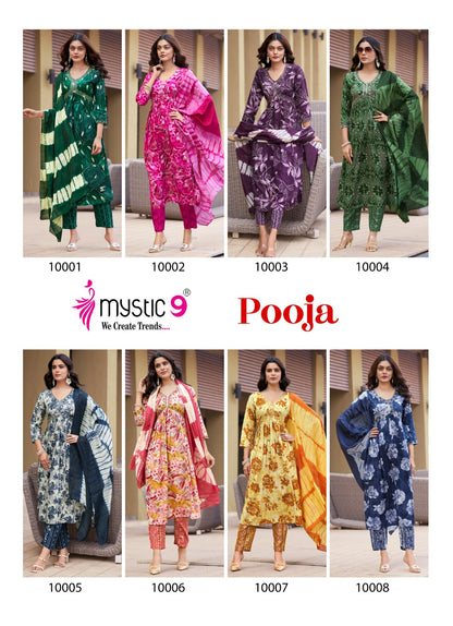 Pooja Vol 10 Mystic 9 Rayon Foil Readymade Pant Style Suits Wholesaler Ahmedabad
