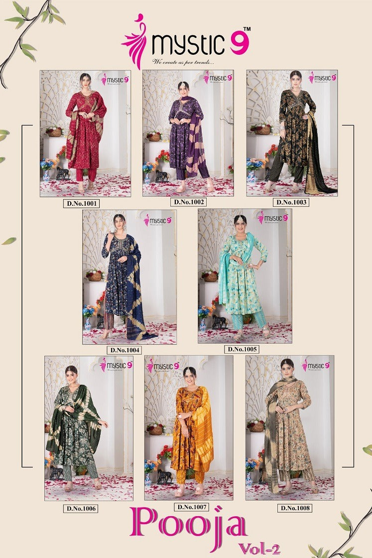 Pooja Vol 2 Mystic 9 Rayon Foil Readymade Pant Style Suits