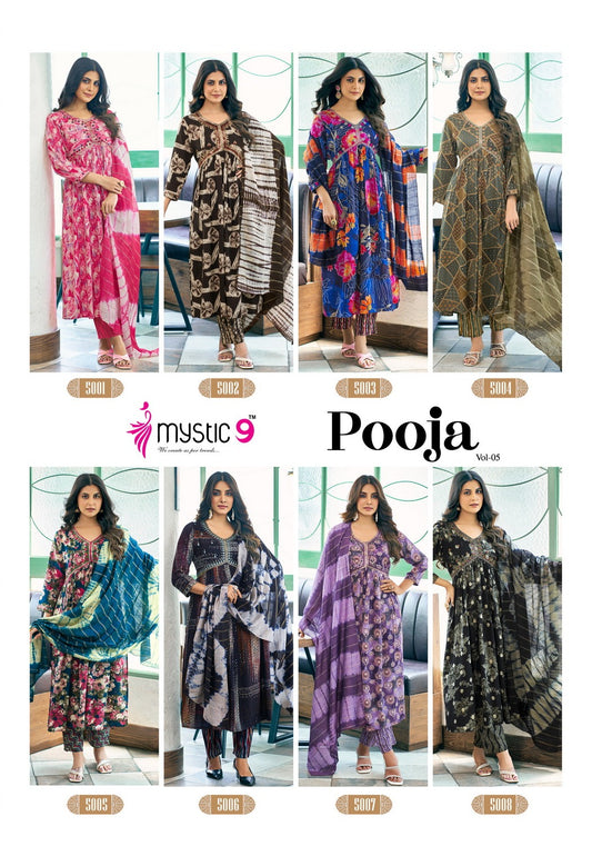 Pooja Vol 5 Mystic 9 Heavy Foil Readymade Pant Style Suits Wholesale