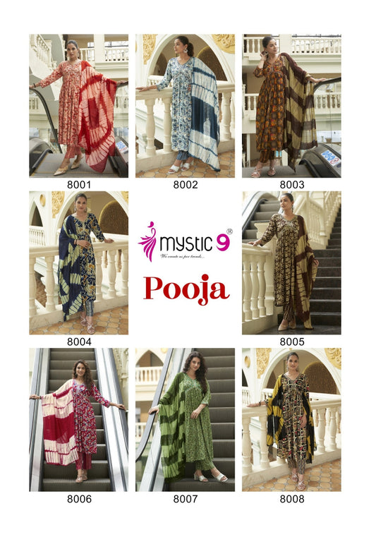 Pooja Vol 8 Mystic 9 Reyon Readymade Pant Style Suits Supplier