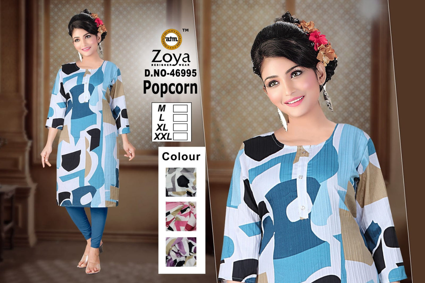 Popcorn Zoya Straight Cut Kurtis Wholesale Price