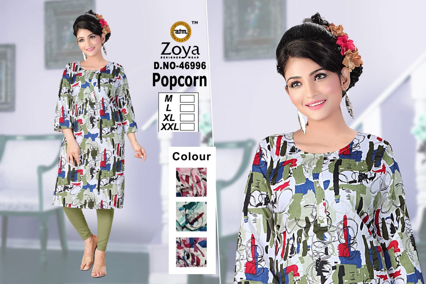 Popcorn Zoya Straight Cut Kurtis Wholesale Price