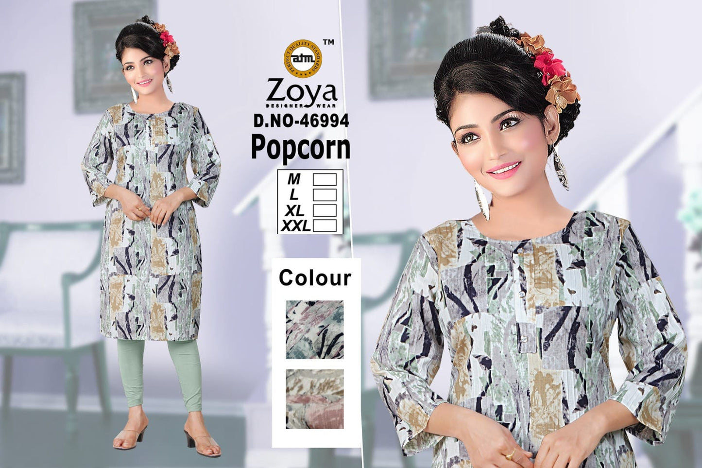 Popcorn Zoya Straight Cut Kurtis Wholesale Price