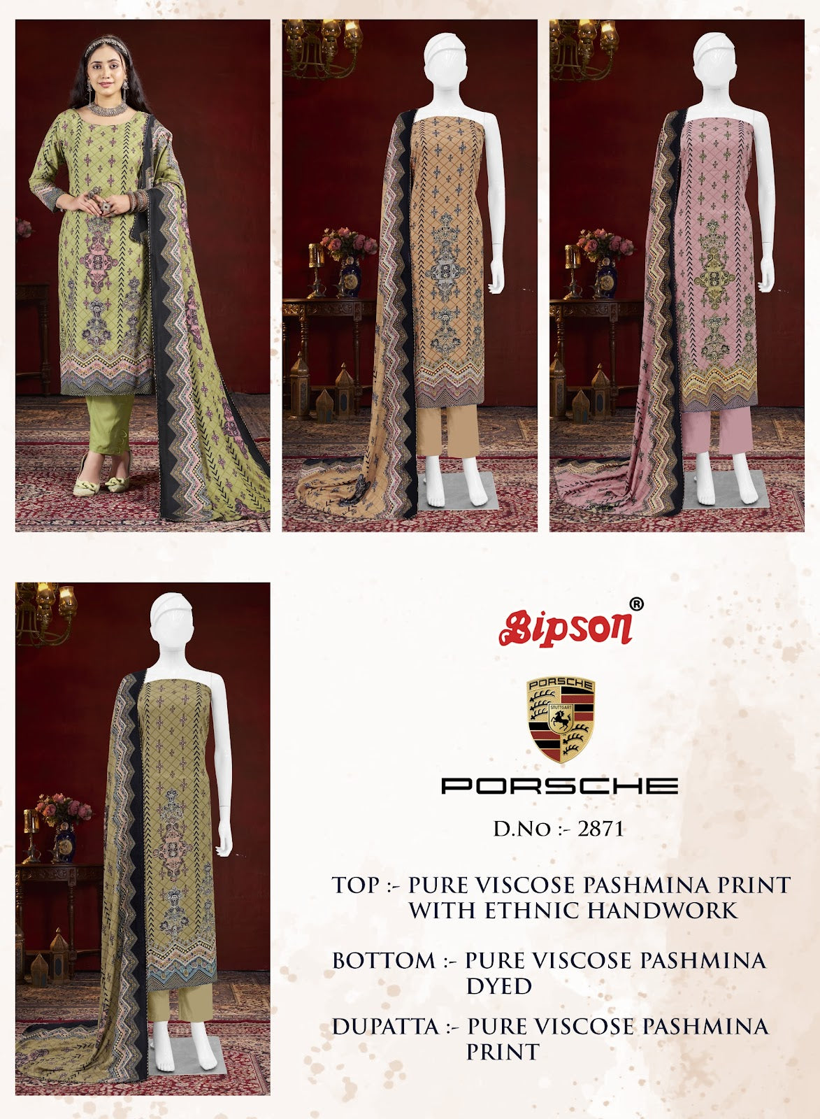 Porsche 2871 Bipson Prints Viscose Pashmina Suits Exporter