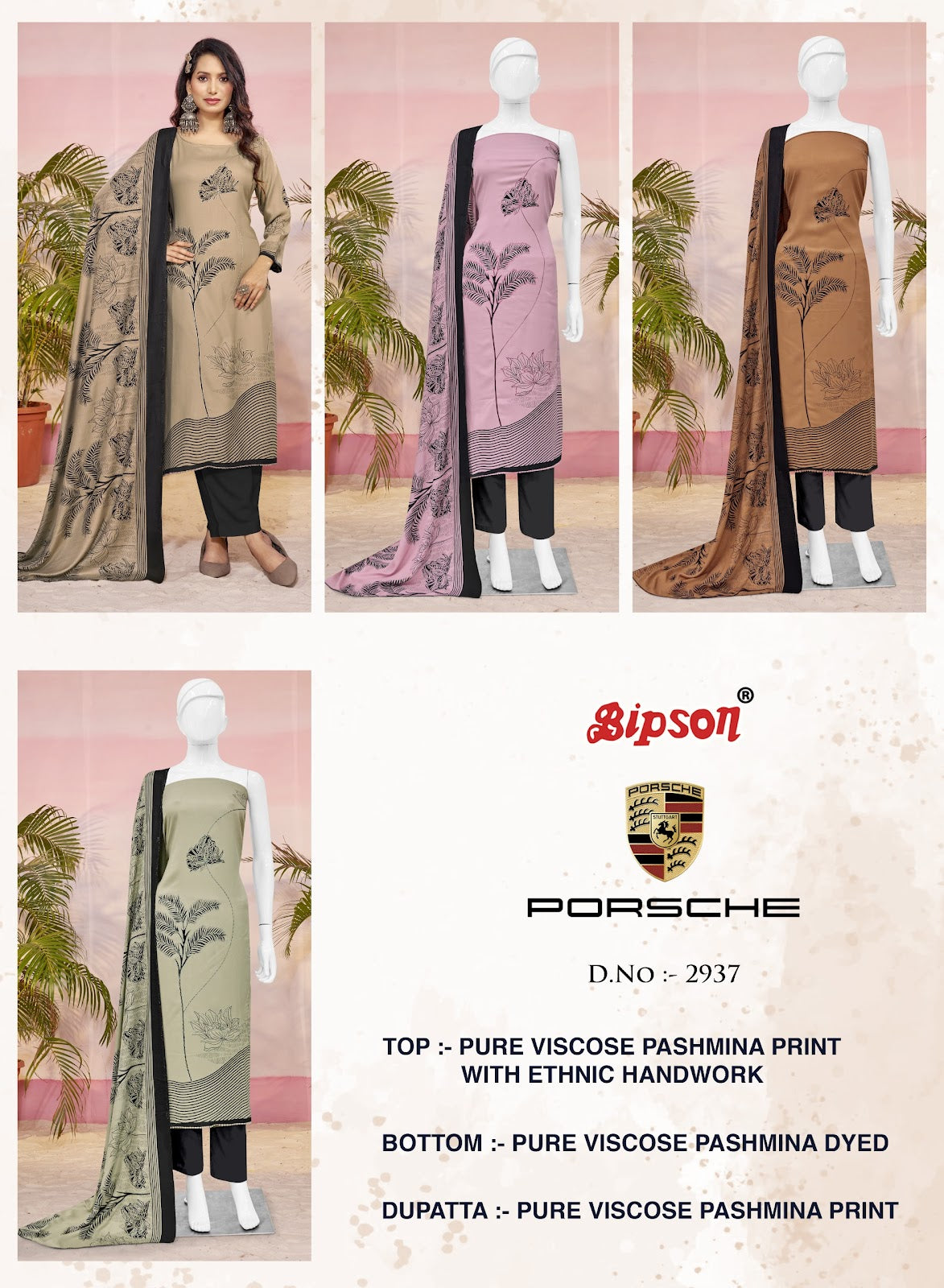 Porsche 2937 Bipson Prints Pure Viscose Pashmina Suits Supplier Gujarat