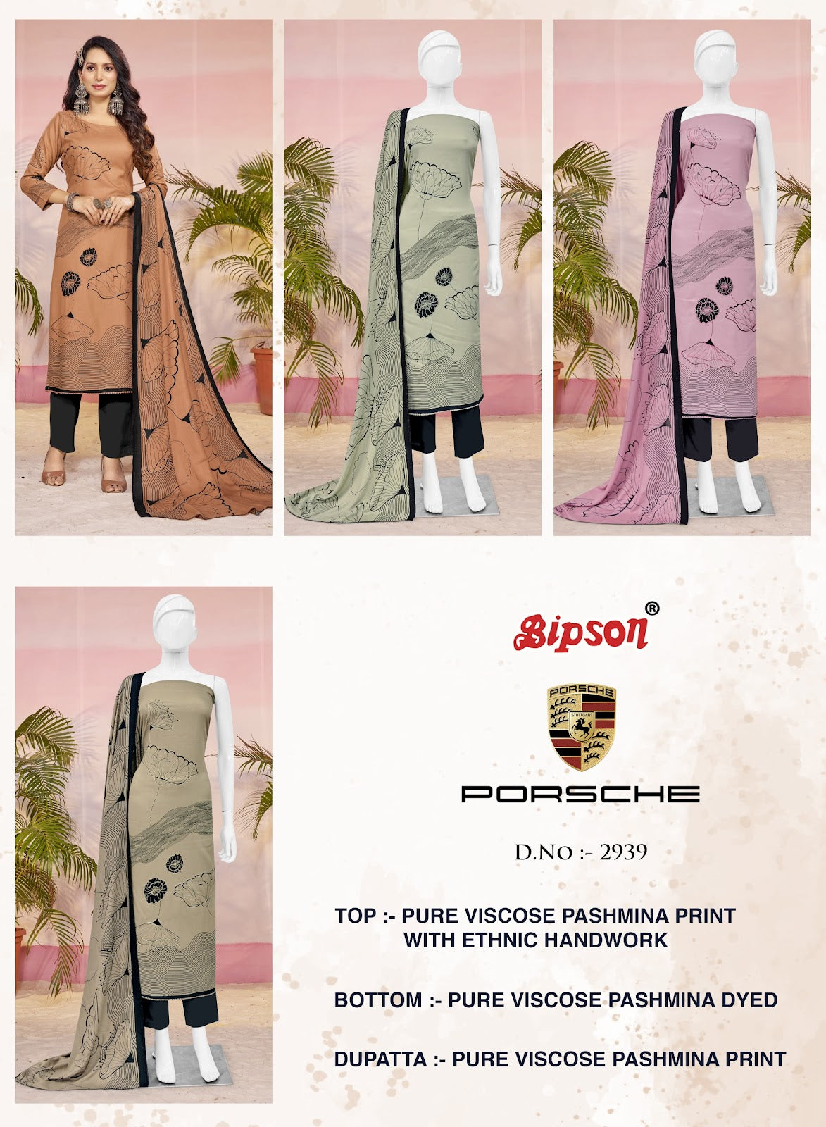 Porsche 2939 Bipson Prints Pure Viscose Pashmina Suits Wholesaler Gujarat