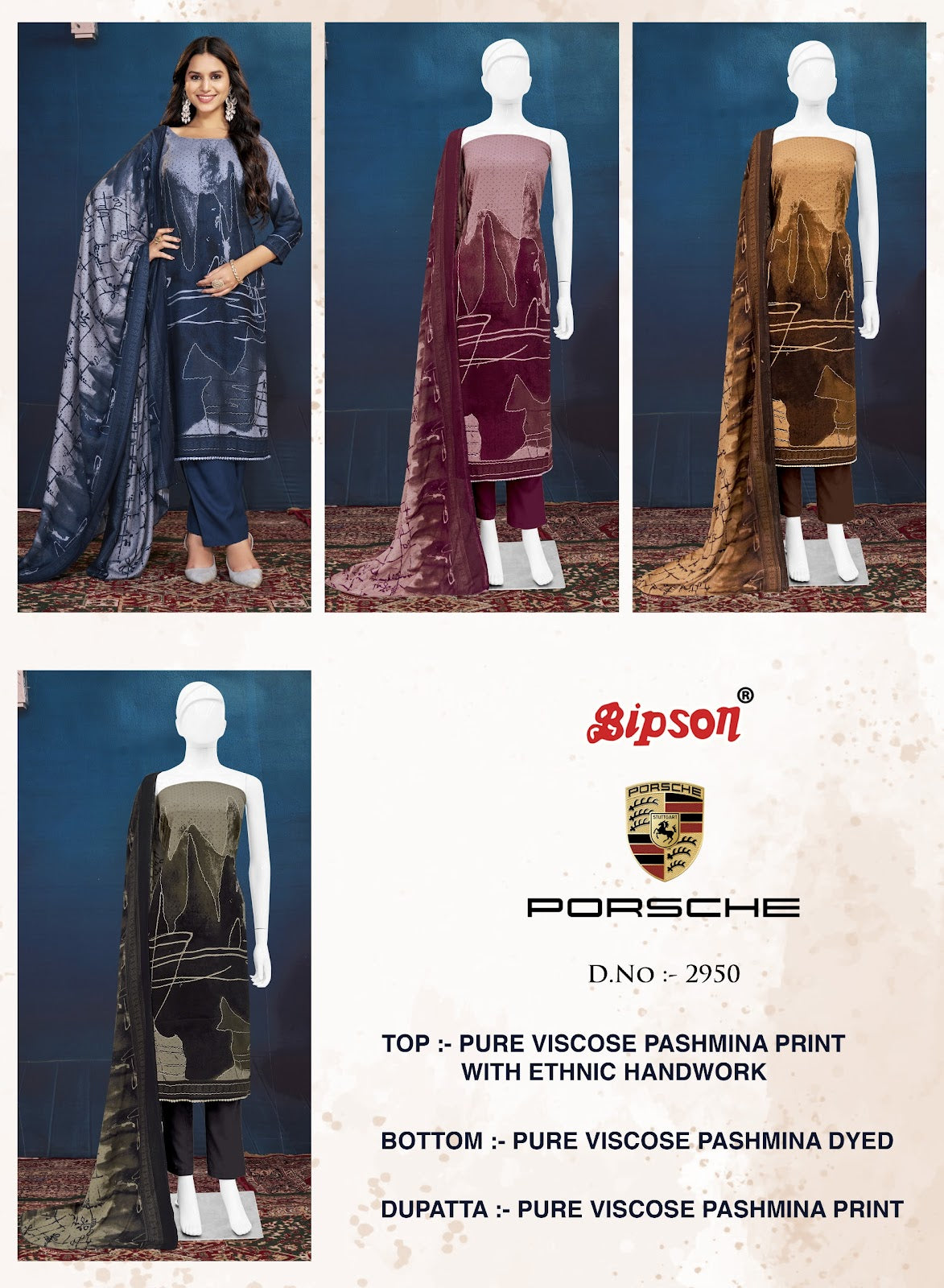 Porsche 2950 Bipson Prints Viscose Pashmina Suits Wholesaler Gujarat