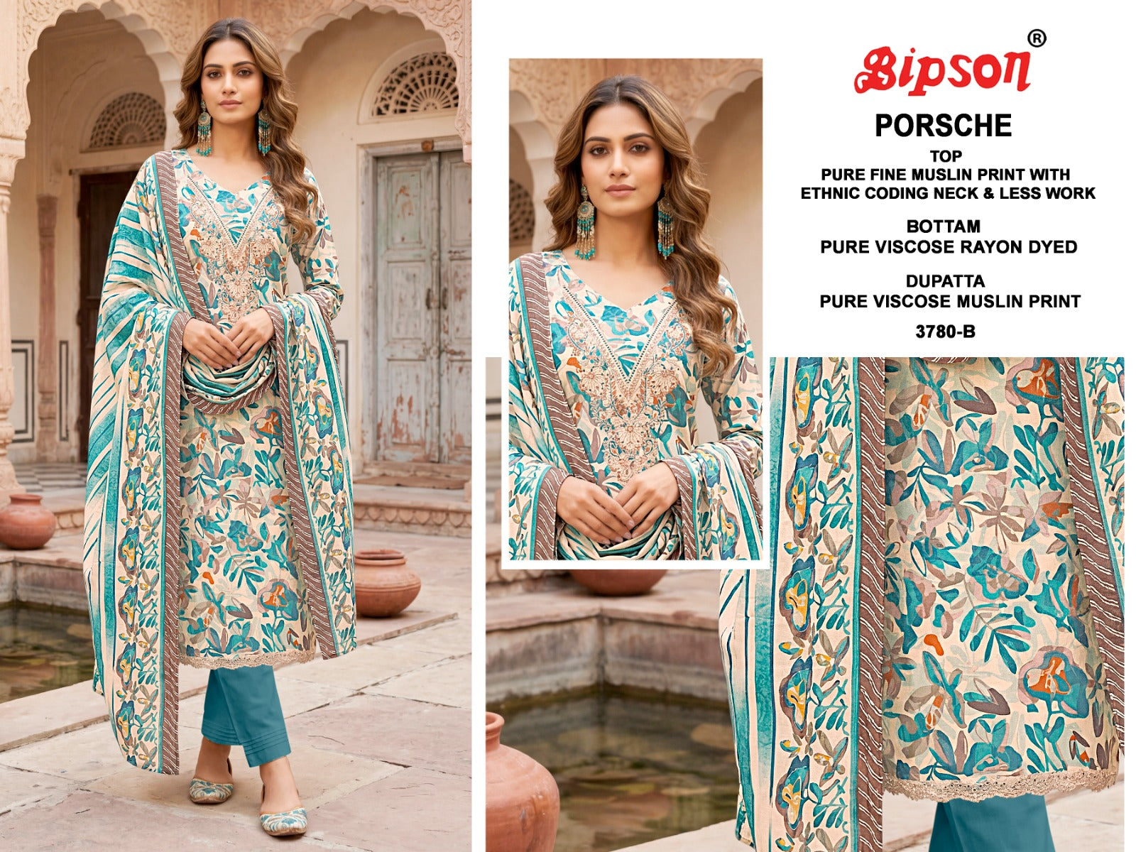 Porsche 3780-3805 Bipson Prints Muslin Pant Style Suits Supplier India