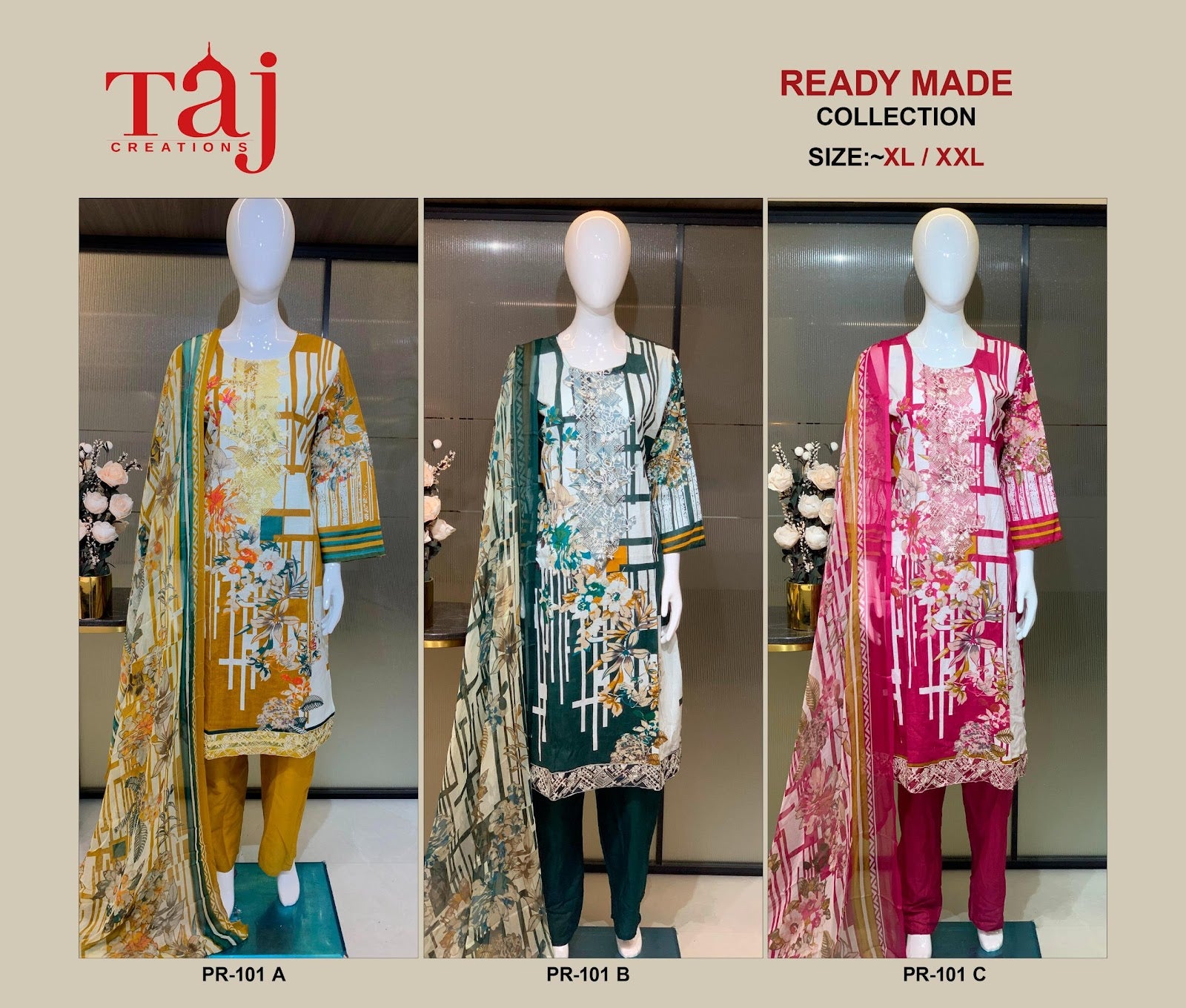 Pr 101 Taj Creations Pure Cotton Karachi Readymade Suits Exporter