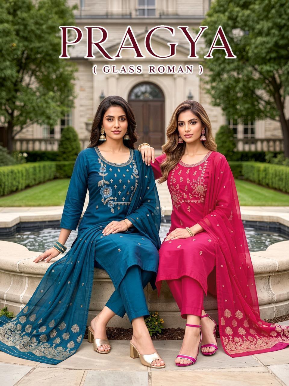 Pragya Malviken Glass Roman Readymade Pant Style Suits Supplier India