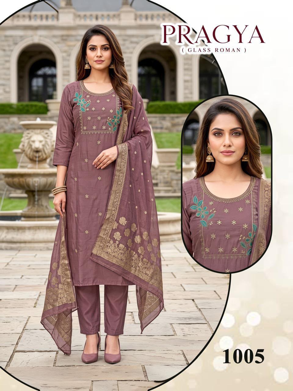 Pragya Malviken Glass Roman Readymade Pant Style Suits Supplier India