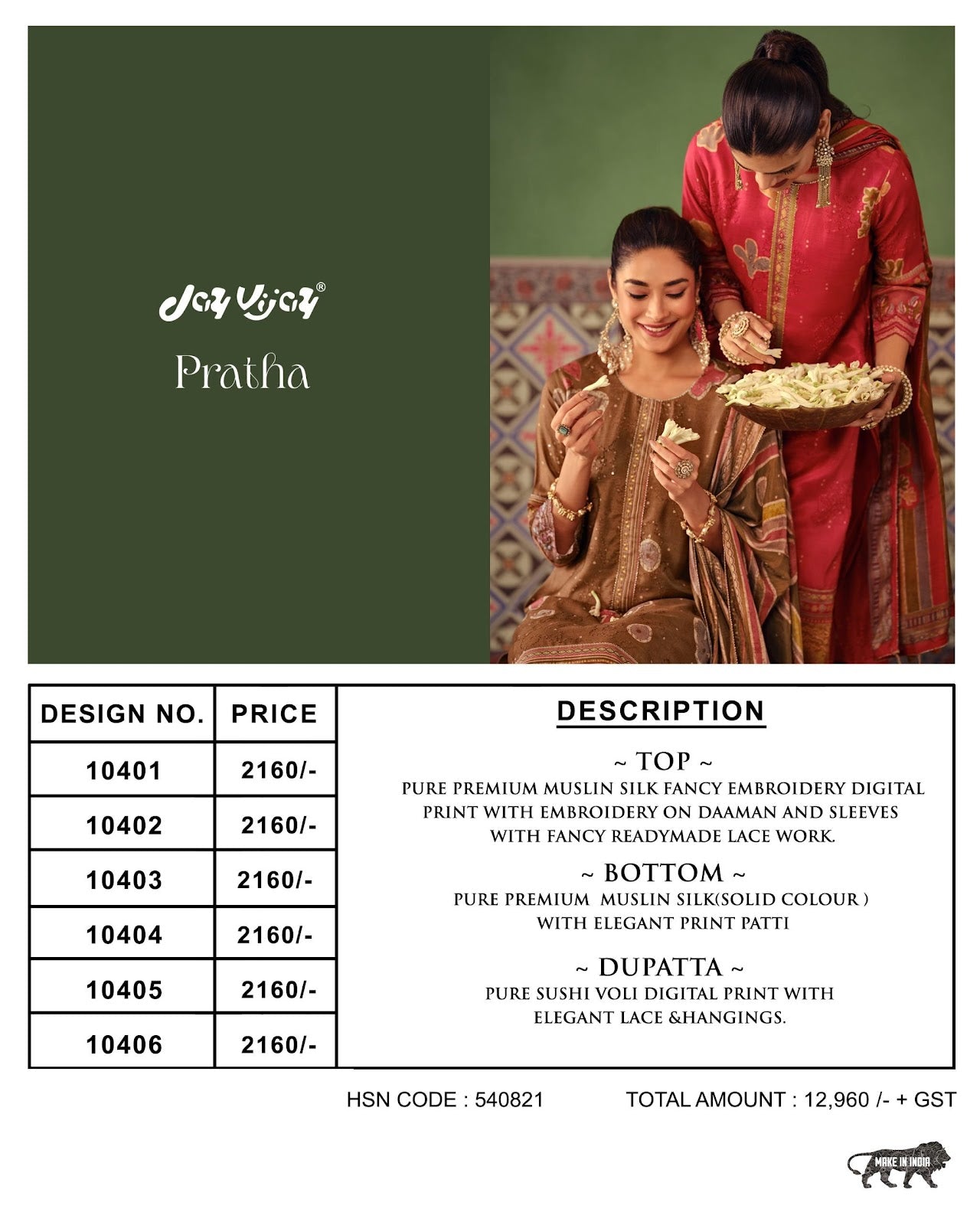 Pratha Jay Vijay Muslin Silk Pant Style Suits Wholesale Price