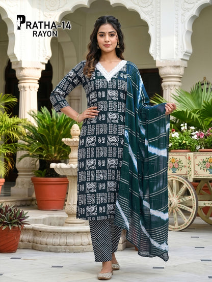 Pratha Prmnt Rayon Readymade Pant Style Suits Wholesaler