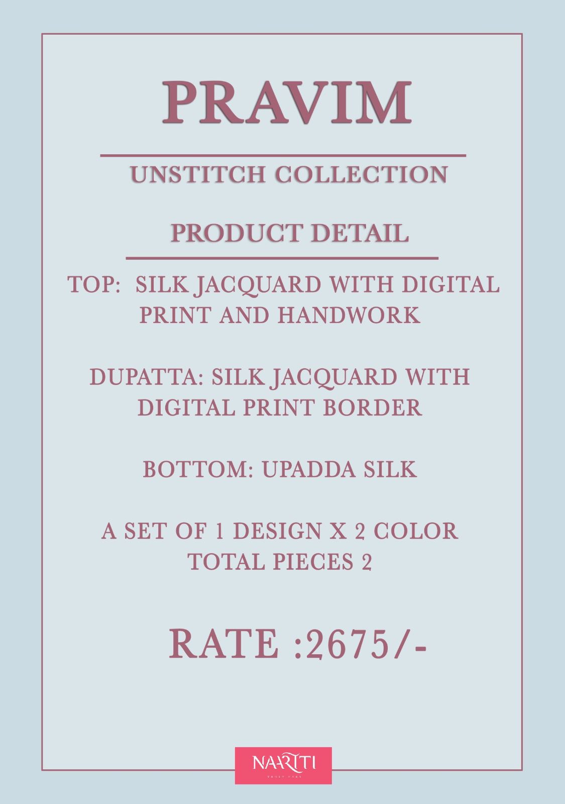 Pravim Naariti Silk Pant Style Suits Exporter India