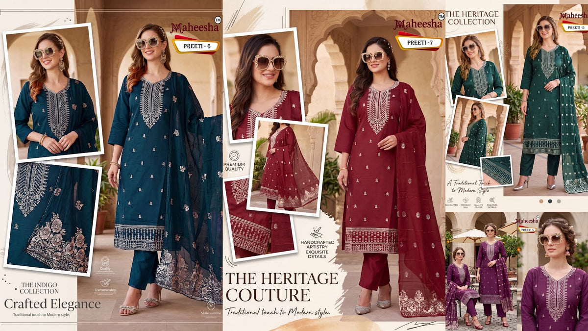 Preeti Maheesha Vatican Silk Readymade Pant Style Suits Manufacturer Gujarat